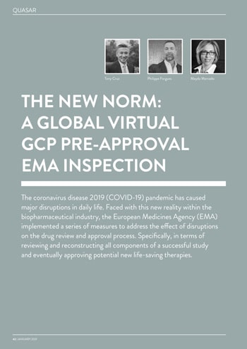 Three headshots above a title about global virtual GCP pre-approval EMA inspection.