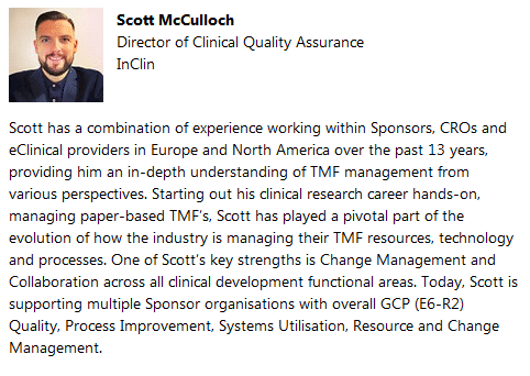 Man in a suit smiling next to his professional bio about clinical quality assurance.